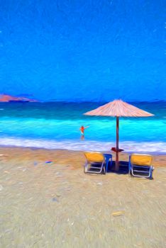 A girl with chairs and umbrella on a beautiful tropical beach - painting effect