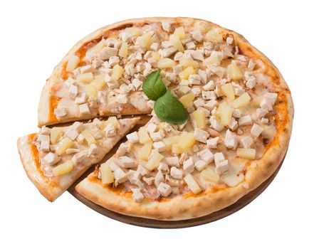 Tasty pizza with chicken and pineapple isolated on white