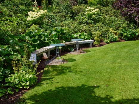 Beautiful creative wooden bench in a lush green blooming garden