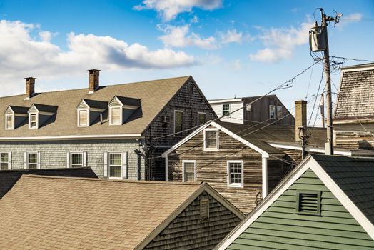 Row of buildings on a block in Kennebunkport, Maine Usa