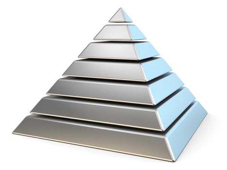 Steel pyramid with seven levels. 3D render illustration isolated on white background