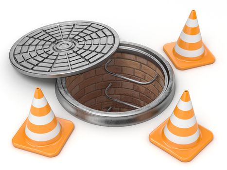 Open manhole and traffic cones. Under construction concept. 3D render illustration isolated on white background