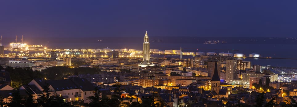 Panorama of Le Havre at night. Le Havre, Normandy, France