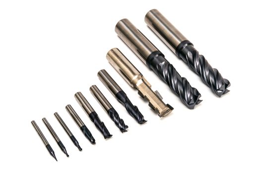Drill Bits Set Professional Industrial Tools and Equipment on white background
