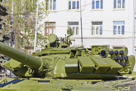 Manhole of military machine at the exhibition under open sky