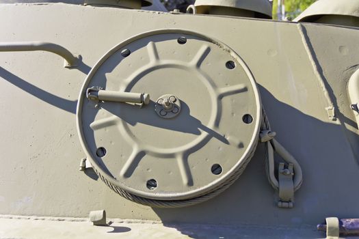 Detail of military machine at the exhibition under open sky