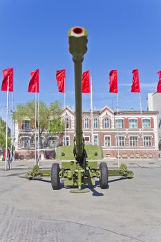 Cannon of military machine at the exhibition under open sky