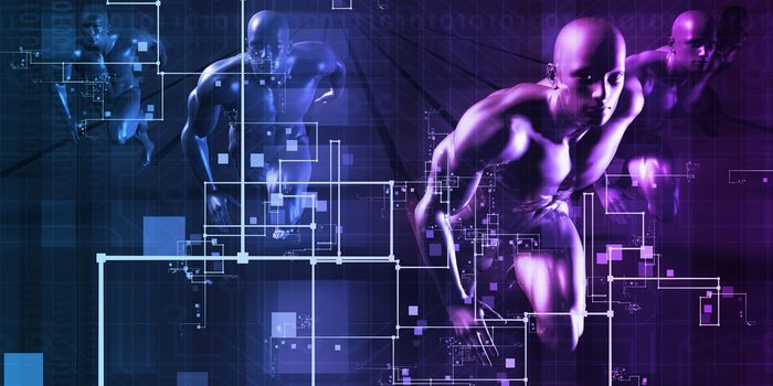 Science and Technology with Men Running as Futuristic Concept