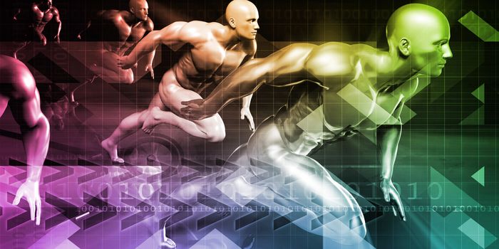 Men Running in Technology Background as a Concept