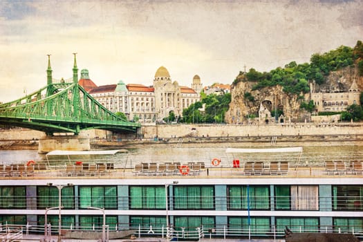 Gellert zone and Liberty bridge over Danube in Budapest Hungary