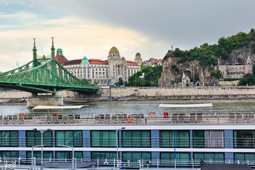 Gellert zone and Liberty bridge over Danube in Budapest Hungary