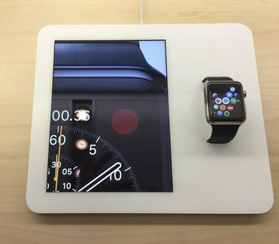 Apple watch displayed and video in store.


NEW YORK,  UNITED STATES AMERICA - APR 25 2015: New Apple Watch smartwatch displaying inside a glass cabinet, New York, USA