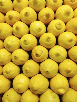 Yellow lemons in rows, displayed inside shop.