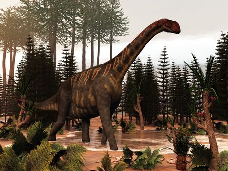 Jobaria dinosaur walking to a little pond and among wollemia, calamite and cycas plants - 3D render