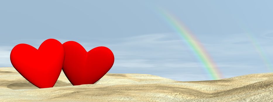 Two red hearts loving each other on the beach sand under rainbow - 3D render