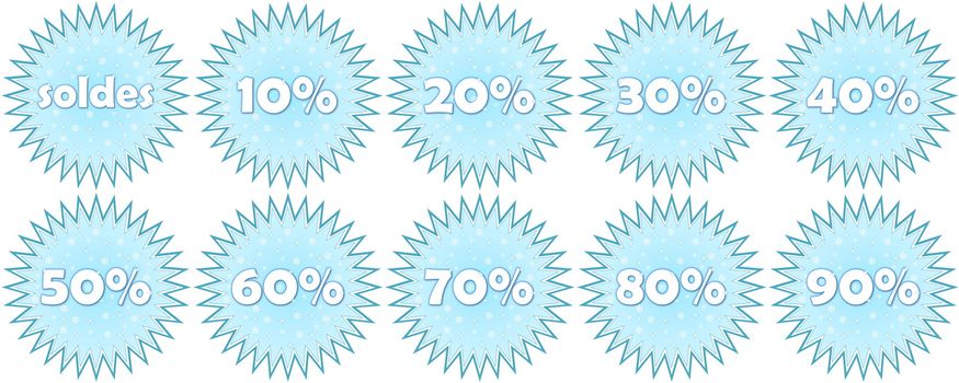 Set of french winter sale and percentage discounts icons in white background