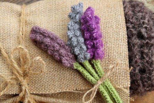 Handmade gift for mother day or valentine day, knitted lavender flower and present box in burlap, beauty lavender bouquet make from knit in free time
