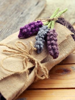 Handmade gift for mother day or valentine day, knitted lavender flower and present box in burlap, beauty lavender bouquet make from knit in free time
