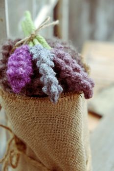 Handmade gift for mother day or valentine day, knitted lavender flower and present box in burlap, beauty lavender bouquet make from knit in free time
