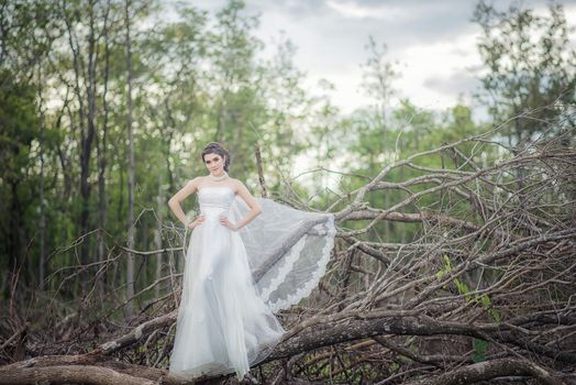 Beautiful girl in the dress of the bride walks in autumn park with trees and fallen leaves