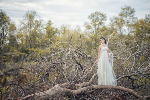 Beautiful girl in the dress of the bride walks in autumn park with trees and fallen leaves