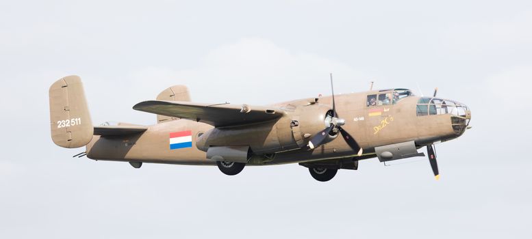 LEEUWARDEN, THE NETHERLANDS - JUNE 10: WW2 B-25 Mitchell bomber in Dutch markings during the Dutch Air Force Open House. June 10, 2016 in Leeuwarden, The Netherlands