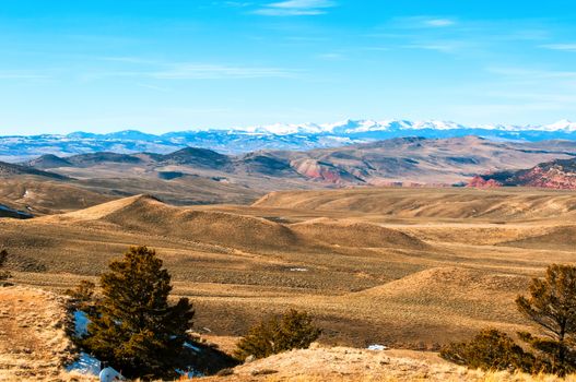 Wind River range of the Rocky Mountains as see from the top of Beaver Rim in central Wyoming, USA