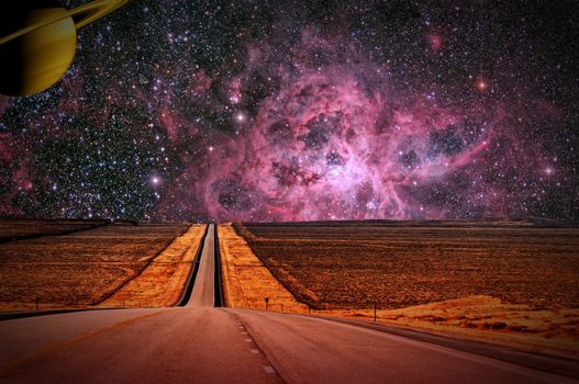 The high road on a distant moon. Images of Small Magellanic Cloud and Saturn courtesy of NASA.