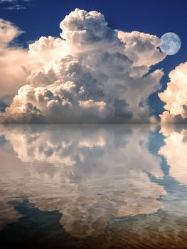 Composite image creating a reflected stormy sky and moon into a calm sea with a sandy bottom.