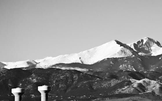 Black and white image of Long's Peak in the Rocky Mountain National Park located in north central Colorado, USA.