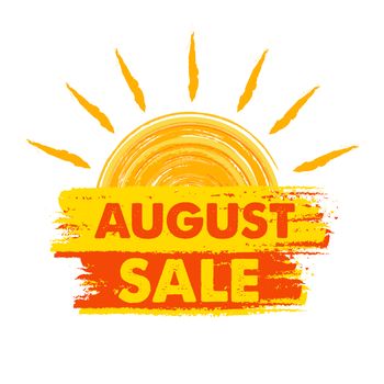 august sale summer banner - text in yellow and orange drawn label with sun symbol, business seasonal shopping concept