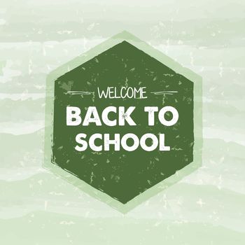 welcome back to school text in hexagon frame over green old paper background, education concept
