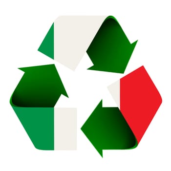 Flag of Italy superimposed on a recycle symbol. Isolated on a white background.