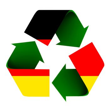 Flag of Germany superimposed on a recycle symbol. Isolated on a white background.