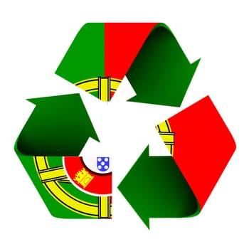 Flag of Portugal superimposed on a recycle symbol. Isolated on a white background.