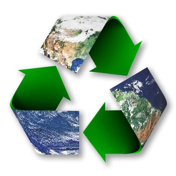 Recycle symbol superimposed upon the planet earth. 