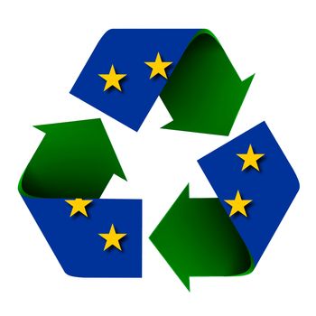 Flag of the European Union superimposed on a recycle symbol. Isolated on a white background.