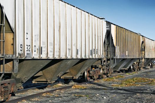 Railroad cars waiting on a siding to be loaded in a rural area