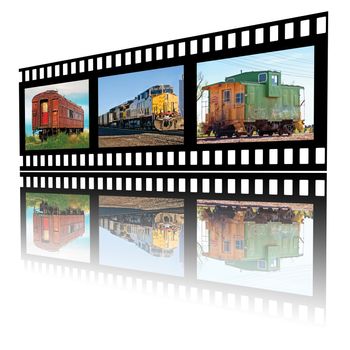 Film strip of railroad images, old and current with a shiny reflection on a white backgroud