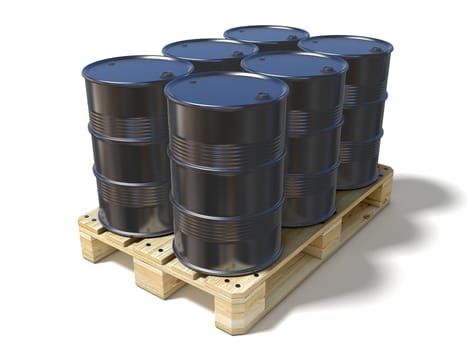 Black oil barrels on wooden euro pallet. 3D illustration isolated on a white background