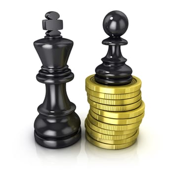 Black pawn standing on coins and black king, placed in the same plane, isolated on white background