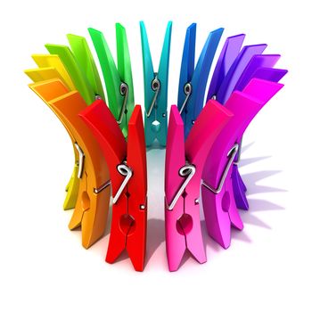 Colorful plastic clothes pegs 3D render illustration isolated on white background