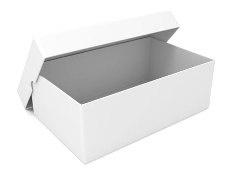 Empty white, opened box, 3D render illustration isolated on white background