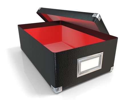 Black leather opened box, with chrome corners, red interior and blank label. 3D render illustration isolated on white background