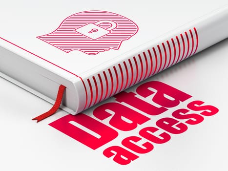 Data concept: closed book with Red Head With Padlock icon and text Data Access on floor, white background, 3D rendering