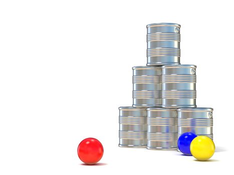 Tin cans and three balls. 3D illustration isolated on white background