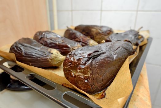 Roasted eggplants cooked in oven tray