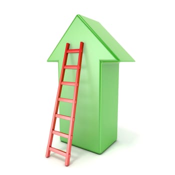 Ladder leading an green arrow. Success concept. 3D render illustration isolated on white background