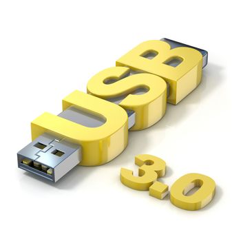 USB flash memory 3.0, made with the word USB. 3D render illustration isolated on white background