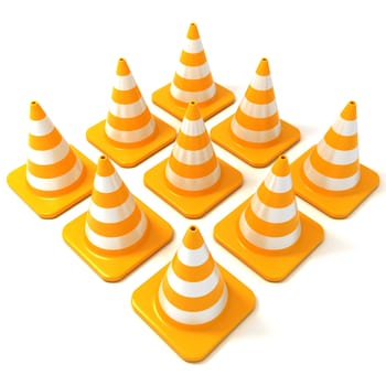 Traffic cones 3d isolated on white background, arranged in square form, side view